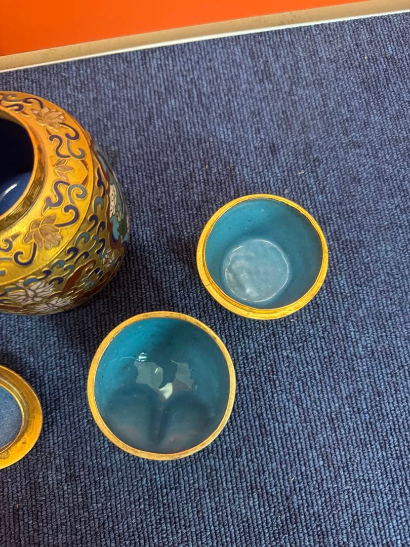 1852 七宝焼 景泰藍 工場 碗1客 茶入1客 フクロウ1客