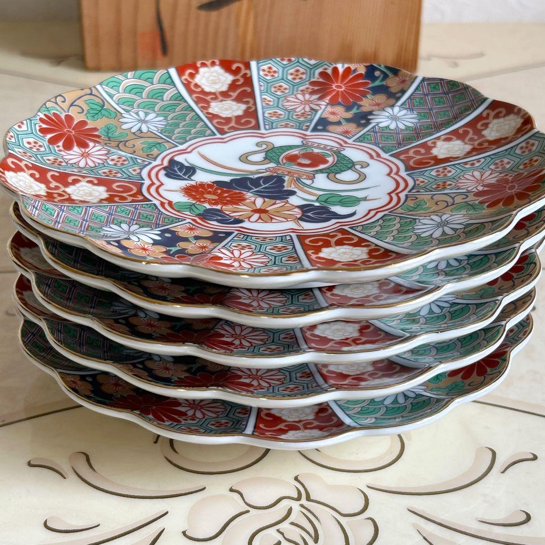 有田焼 陶扇 菊割皿 5枚セット 錦絵 中皿 和皿 金彩色絵 赤絵 古伊万里