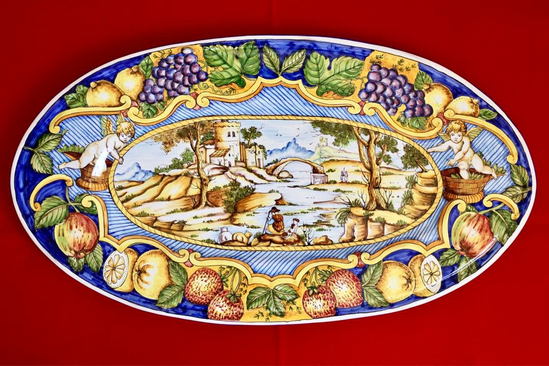 イタリア雑貨・大皿・飾皿【デルータ　マヨルカ焼き　高級絵皿　天使　オーバル皿】 イタリア雑貨・大皿・飾皿【デルータ マヨルカ焼き 高級絵皿 天使