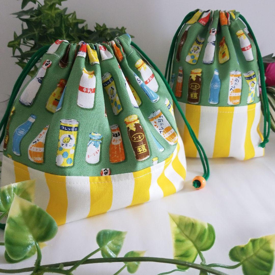 レトロ ☆ラムネ 牛乳瓶 お弁当袋 コップ袋 ハンドメイド ランチョンマット お弁当袋3点セット(ローズピンクレース付き花柄)コップ袋、お弁当袋