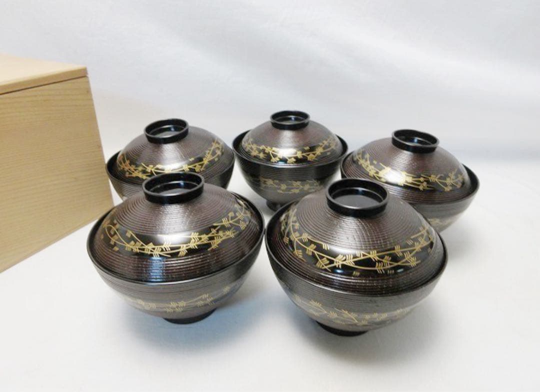 ほぼ未使用 懐石道具 木製溜塗 千筋 蒔絵 吸物椀5客揃 内黒 木箱 000000000757-01-xl.jpg?t=