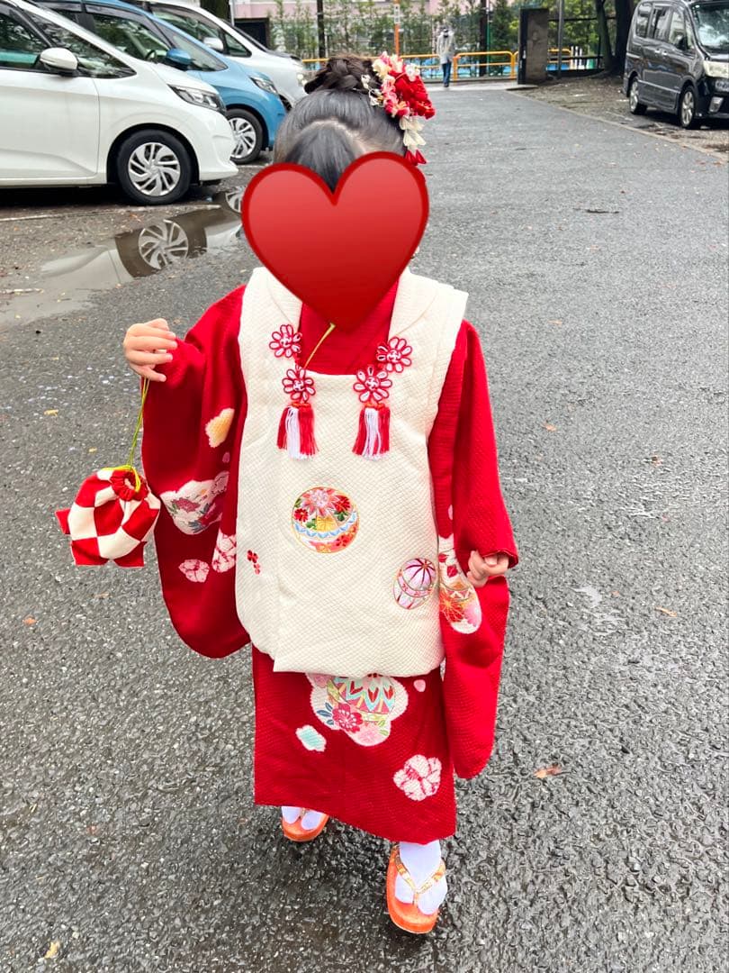 想美一 正絹 真紅 美品 絞り手描き七五三着物セット 3歳 白被布 日本製