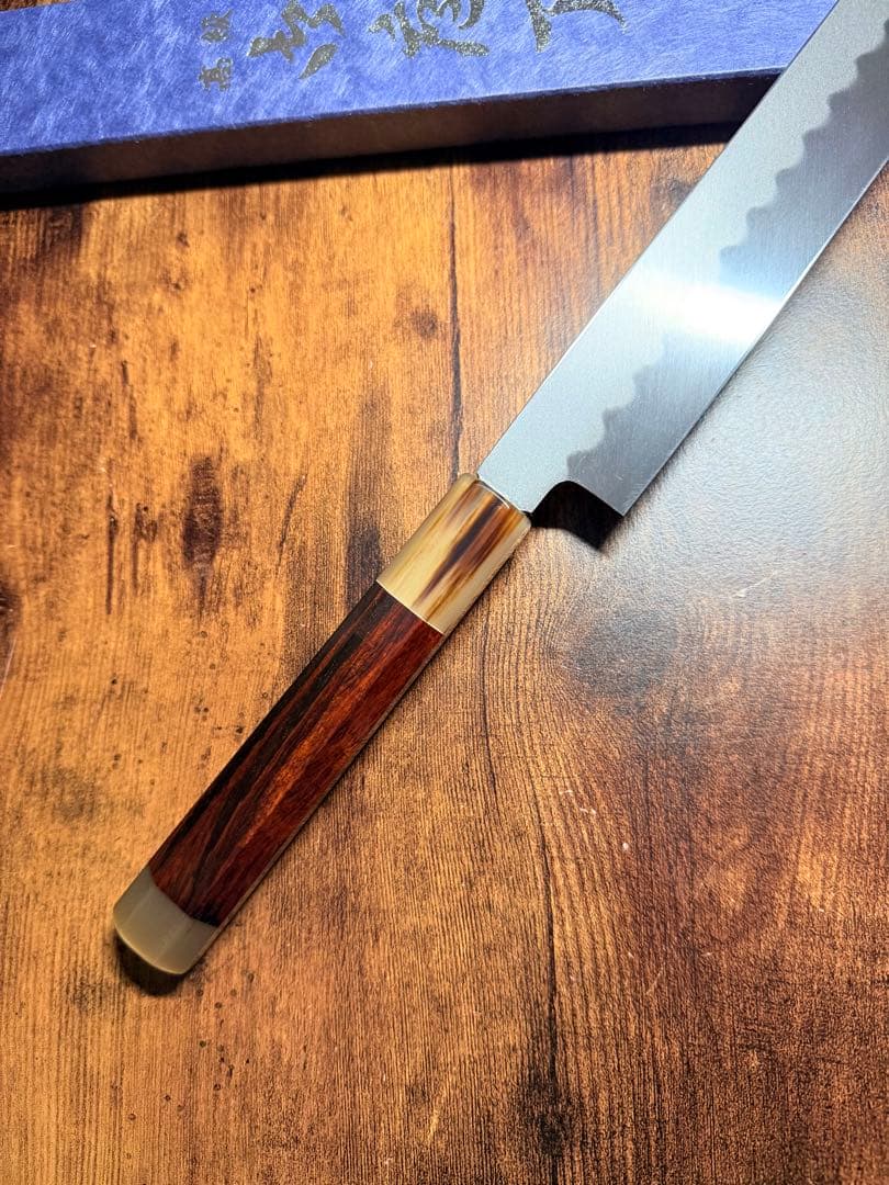 祥太郎作 左用 刺身 切付 本焼 白鋼 尺 鏡面 包丁 紫檀水牛八角柄