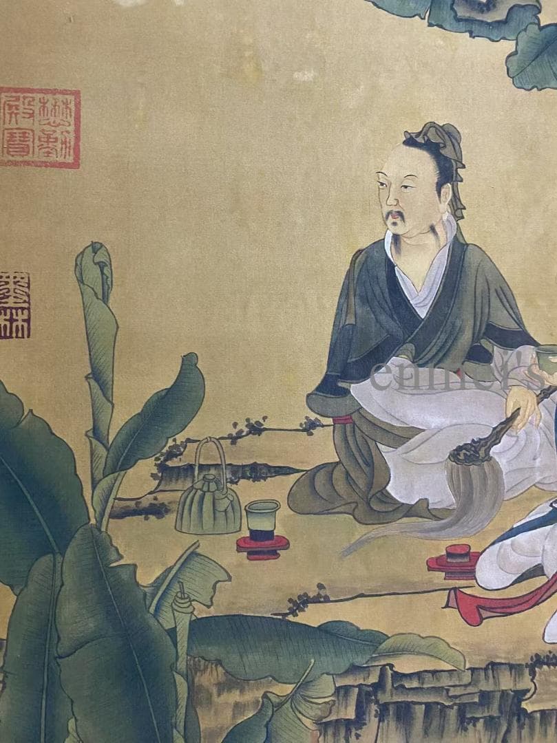 中国古美術 五代 周文矩款 人物図 掛軸 絹布 唐物 古画 書画 名家筆