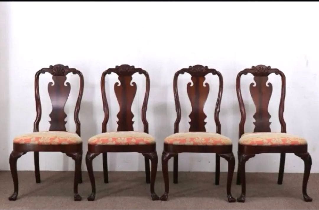 【送料無料地域限定］西洋カンセル社クイーンア様式ダイニング猫脚チェア２脚セット チェア 2脚セット 椅子 アンティーク 肘付き エレガント 猫脚チェア