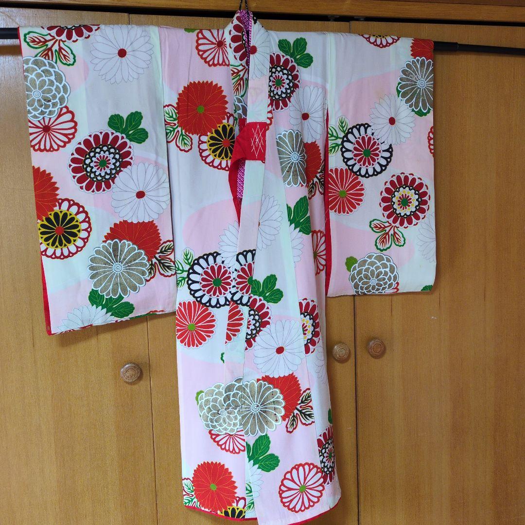 七五三3歳女の子アンティーク着物と正絹総絞り手縫いの被布と巾着