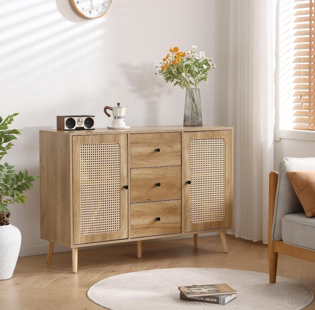 mumbeatiful0 木製キャビネット ラタン風扉付き 収納棚 キャビネット ラタン おしゃれ かわいい 収納 扉付き