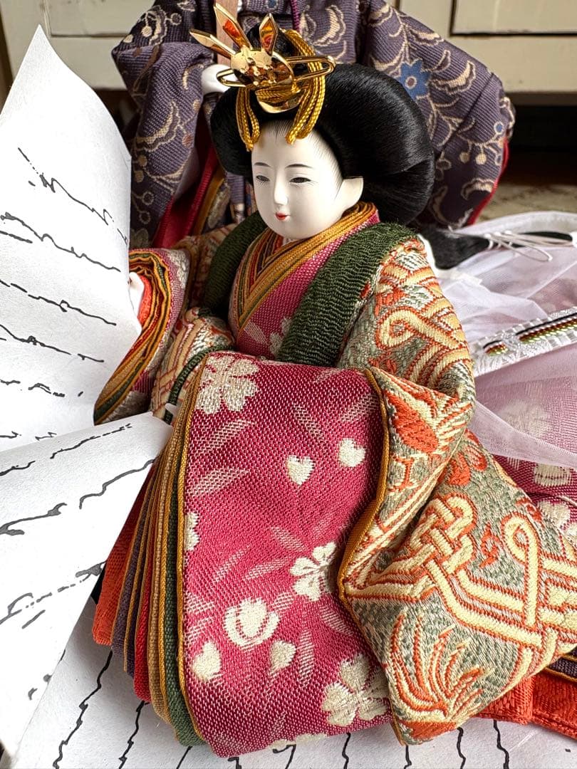 雛人形 コンパクト ガラスケース付 親王飾り 立雛 桜 十二単 油灯 柴田