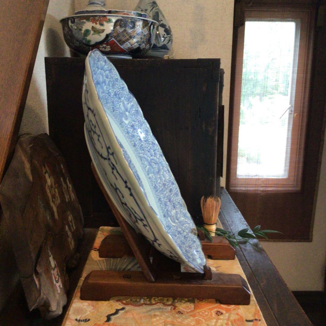 A865 古伊万里 染付 幕末線描 牡丹に柘榴紋様（1尺5寸）大皿 1枚