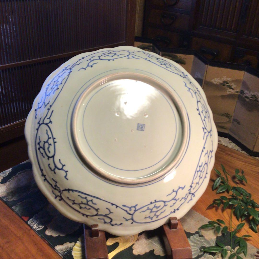 A865 古伊万里 染付 幕末線描 牡丹に柘榴紋様（1尺5寸）大皿 1枚