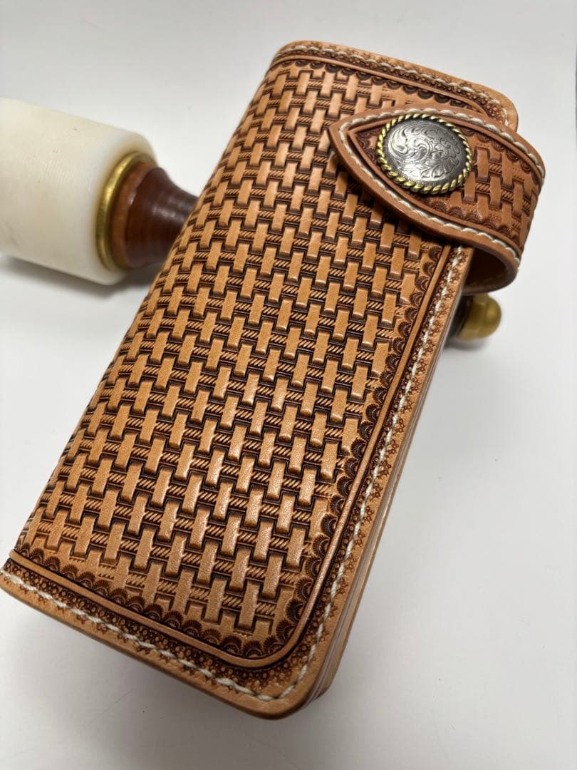 長財布　ウォレット　ヌメ革　レザーカービング　レザークラフト レザークラフト優 カービングウォレットレザーウォレット 長財布