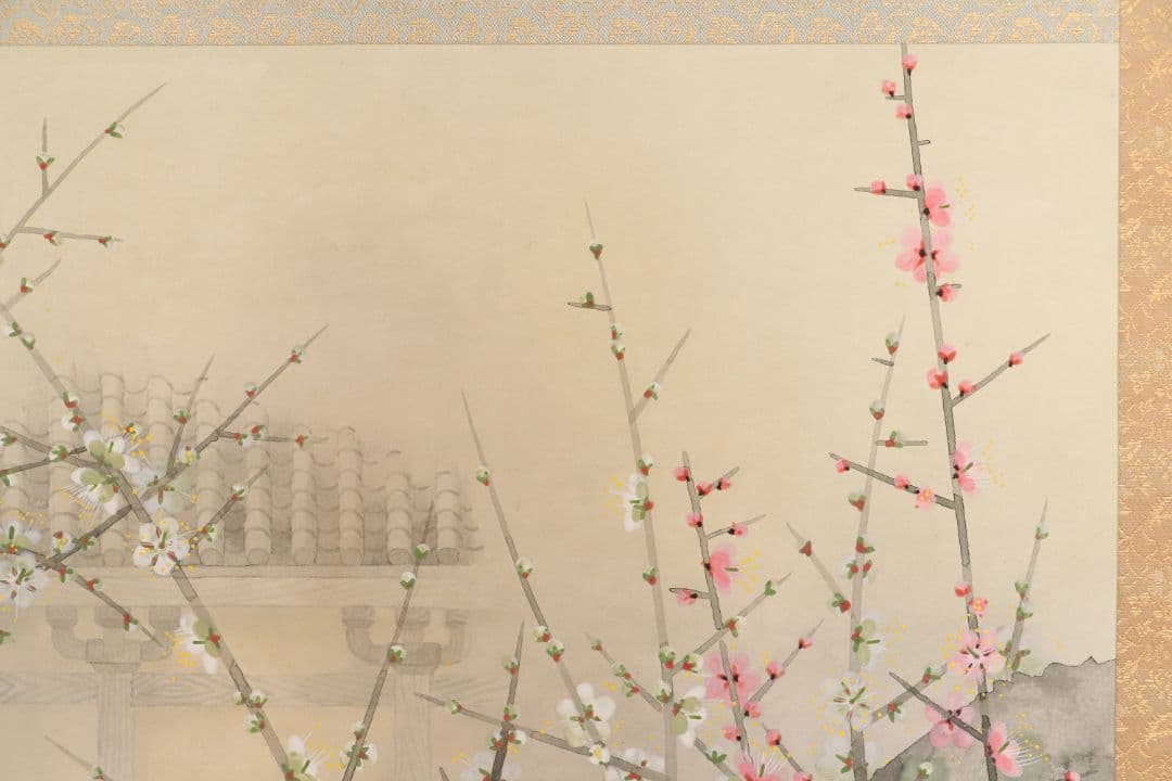 真作】日本画 宮本昌雄「梅の寺」絹本 掛け軸 木箱 横物 MA434 - メルカリ