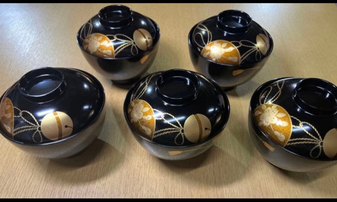 乙造作　御吸物椀　5客セット　お吸物椀　汁椀　お祝膳　食器 洗って保管 会津塗 坂本乙造 金彩蒔絵青海波 本漆仕上 蓋付きお吸い物椀揃 5客 汁