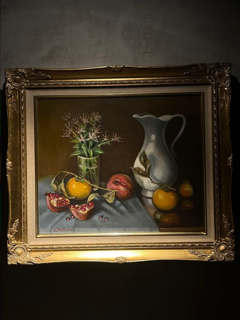 写実画　油彩画 静物画 直筆サインあり 林檎と白い水差し」 2024年 / 41.0×41.0㎝（S6） パネルに綿布、油彩