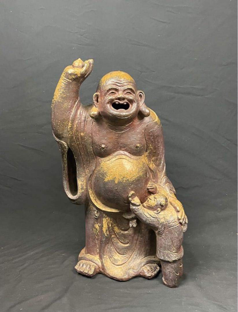 木村陶峰 備前焼 特大 布袋様 置物 オブジェ インテリア 時代物 縁起物 陶器 木村陶峰 備前焼 特大 布袋様 置物 オブジェ インテリア 時代物 縁起物