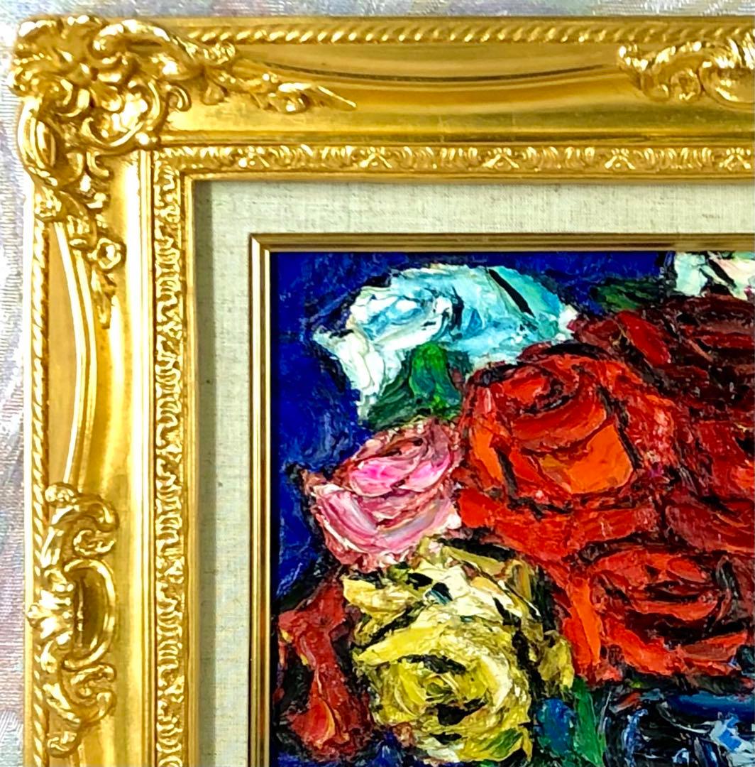 北川金治 真作「薔薇」油彩4号 色鮮やかな厚塗り薔薇図名品 サイン