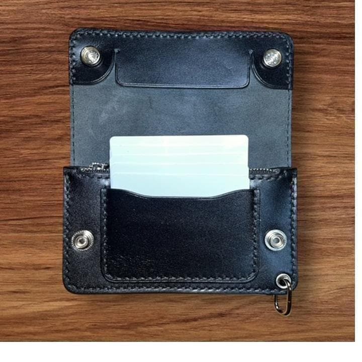 ⑤ミドルトラッカーウォレット/栃木レザー黒色/ホックシルバー/小判
