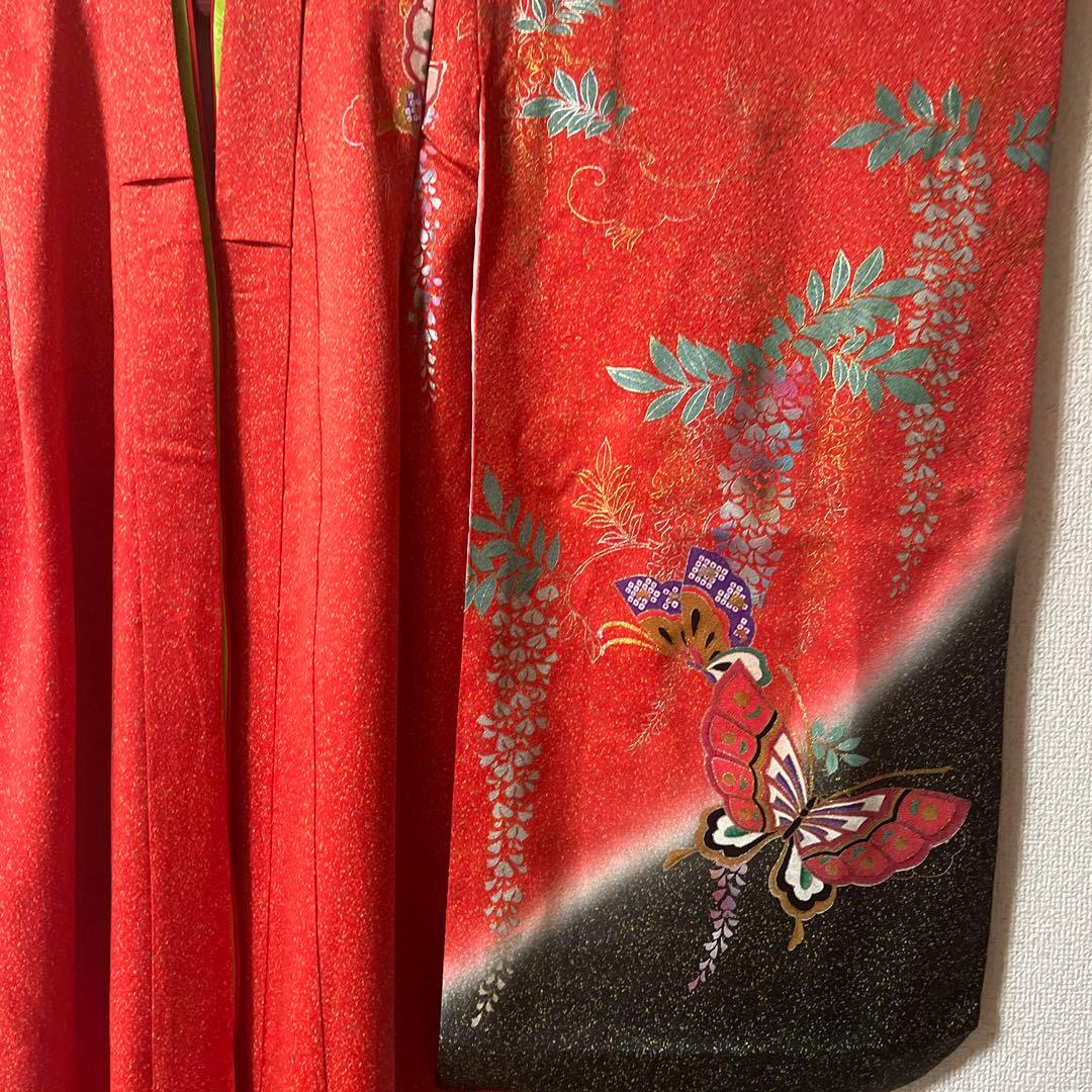 七五三 7歳 作り帯 正絹 赤 黒 蝶 アンティーク フルセット 赤黒 金彩