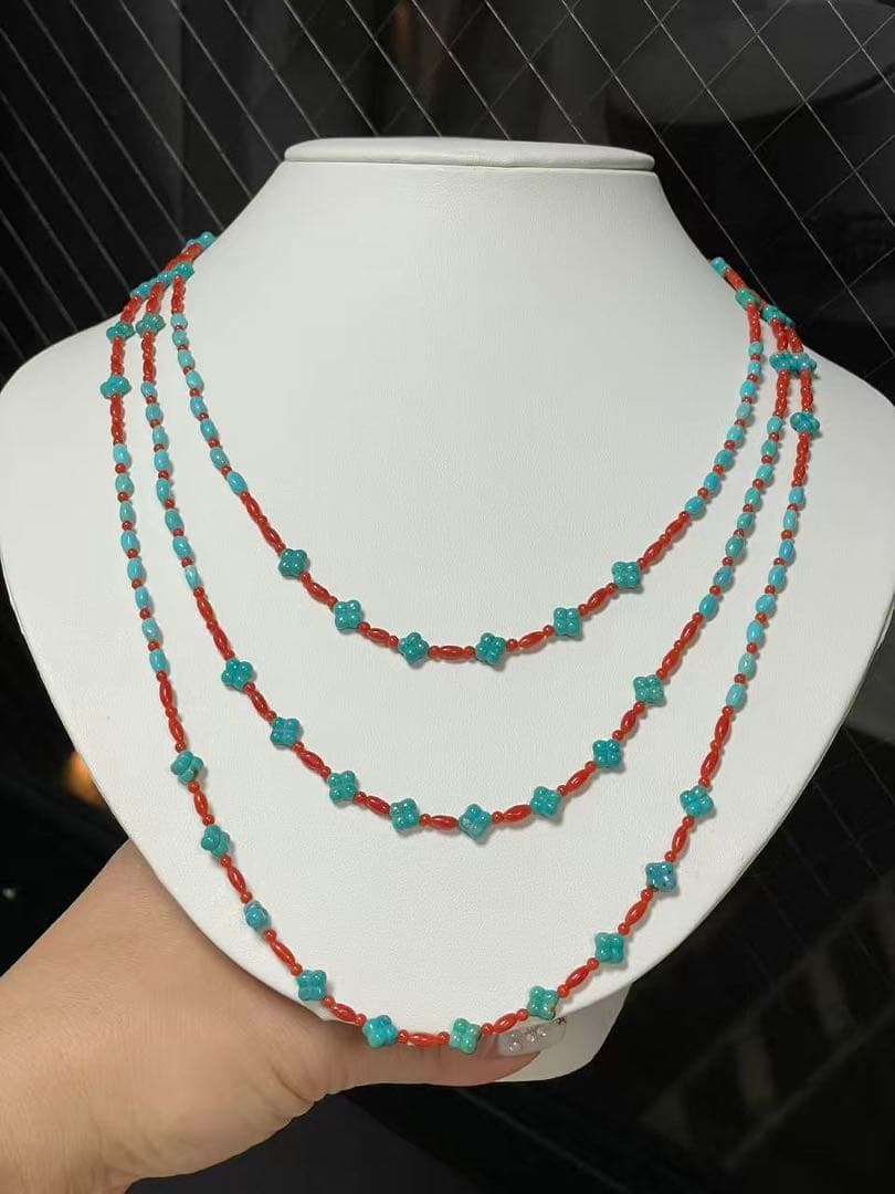 ターコイズ・天然サンゴネックレス　3連ネックレス　シルバー925 ターコイズ・天然サンゴネックレス 3連ネックレス シルバー925