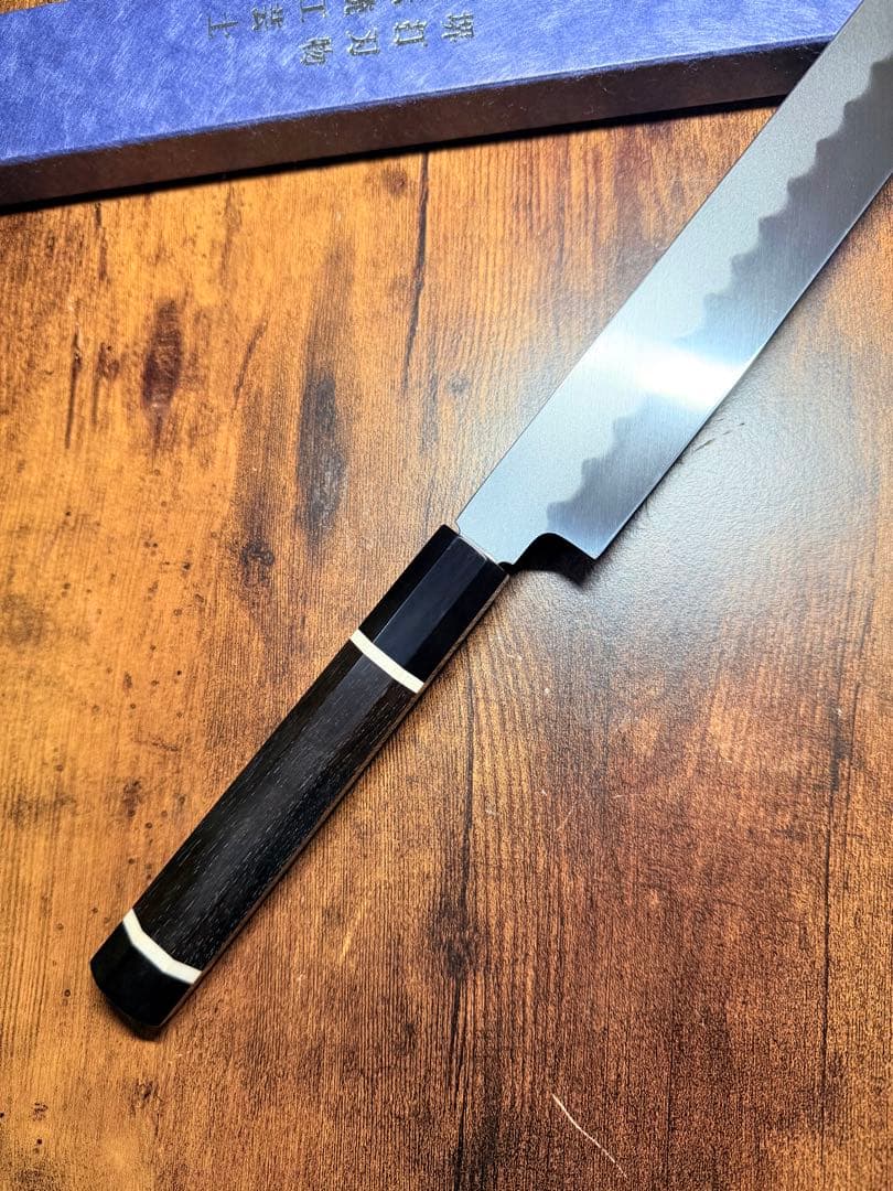 祥太郎作 左用 刺身 先丸 本焼 白鋼 尺 鏡面 包丁 黒檀水牛八角柄