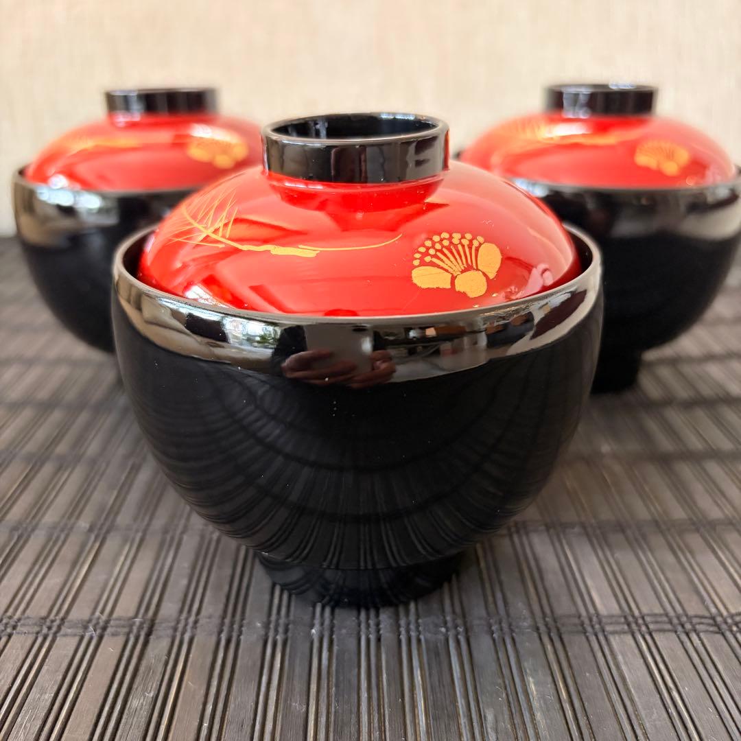 未使用品】会津塗 すず型吸物椀 金彩蒔絵 吸物碗 小吸物椀 蓋付き椀 3