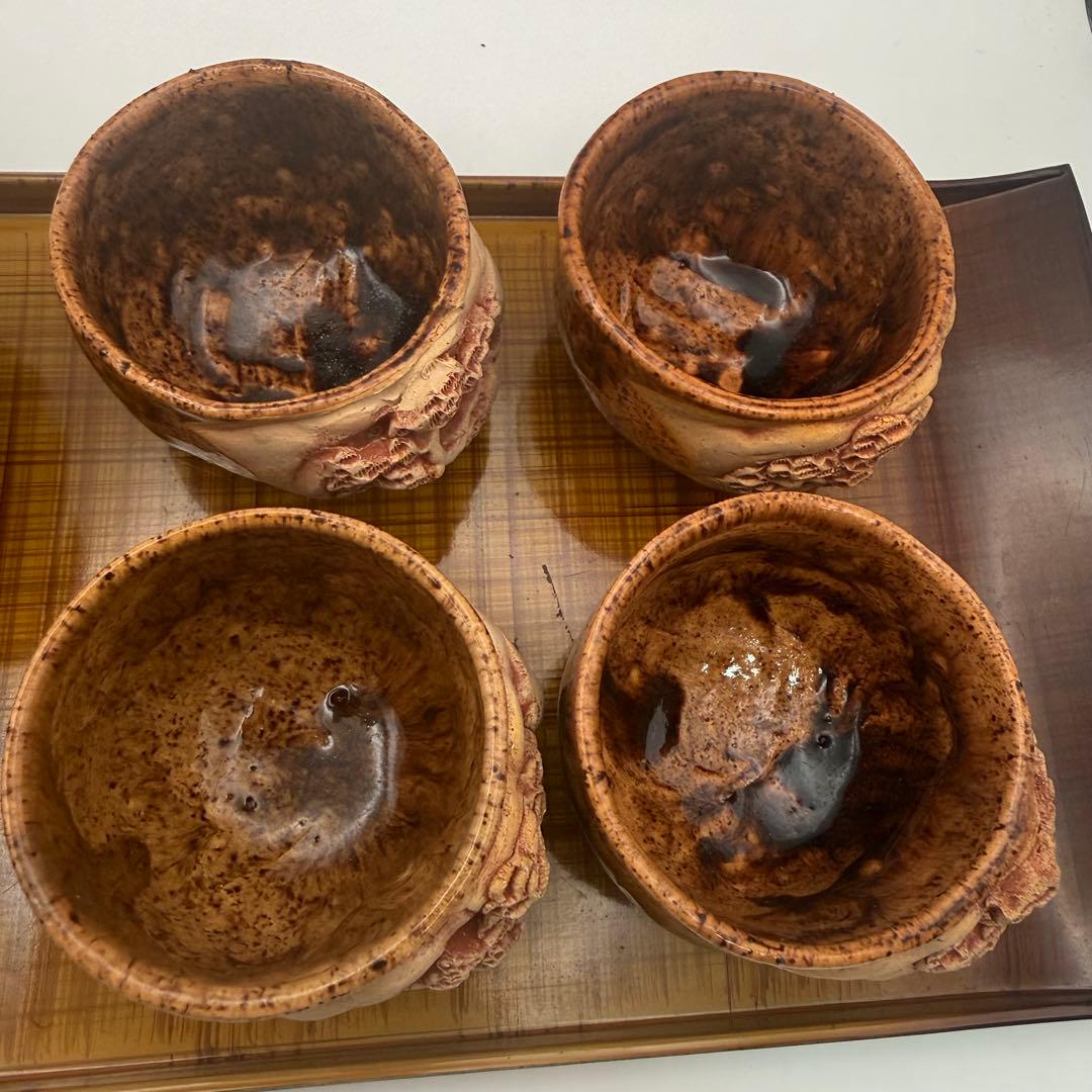 昭和レトロ 古陶 茶器セット 盆付 籐取手 民芸陶器 堀込洞窟松紋彫
