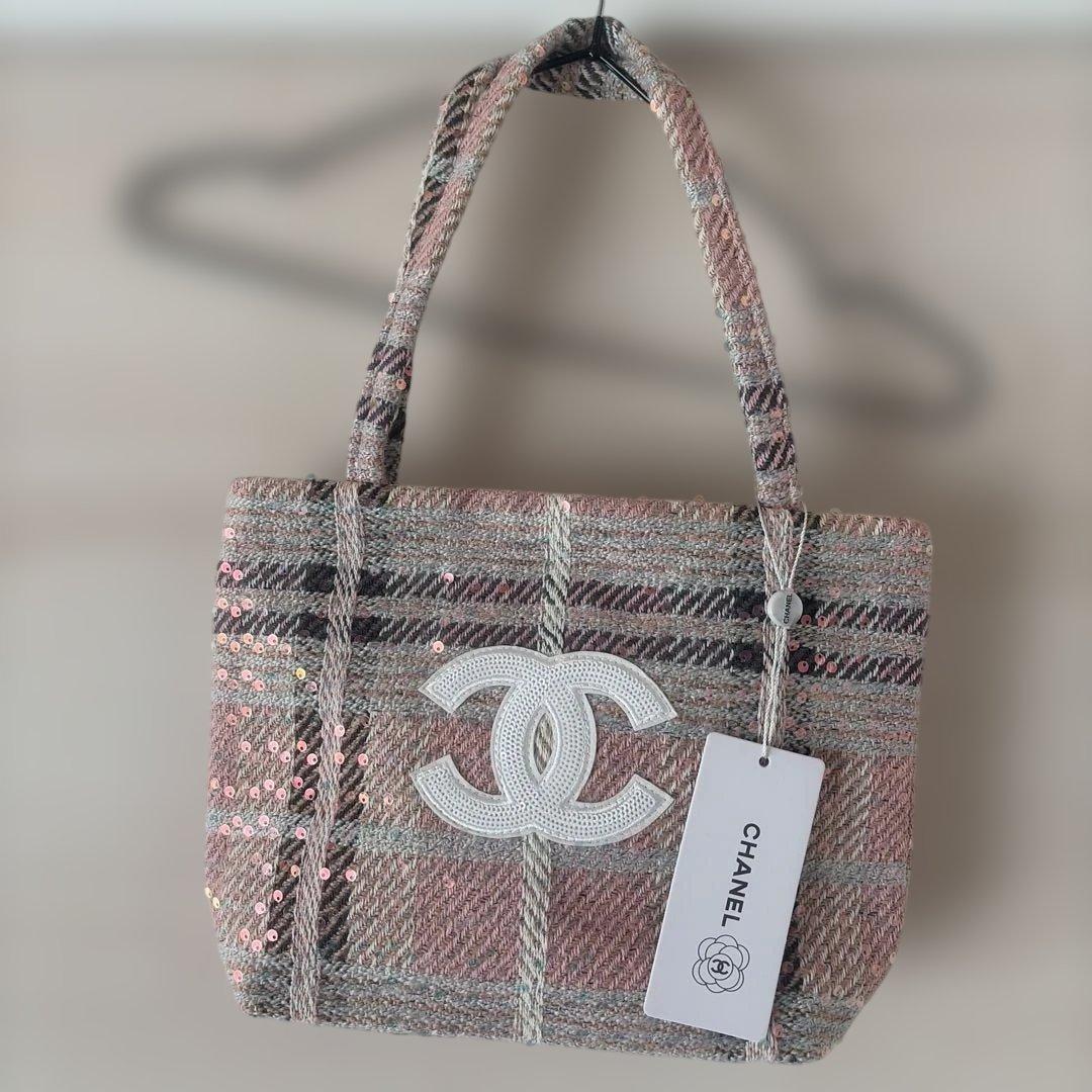 CHANEL ピンク系 スパンコール トートバッグ CHANEL 千鳥格子模様 ツイード スパンコール トートバッグ 非売品