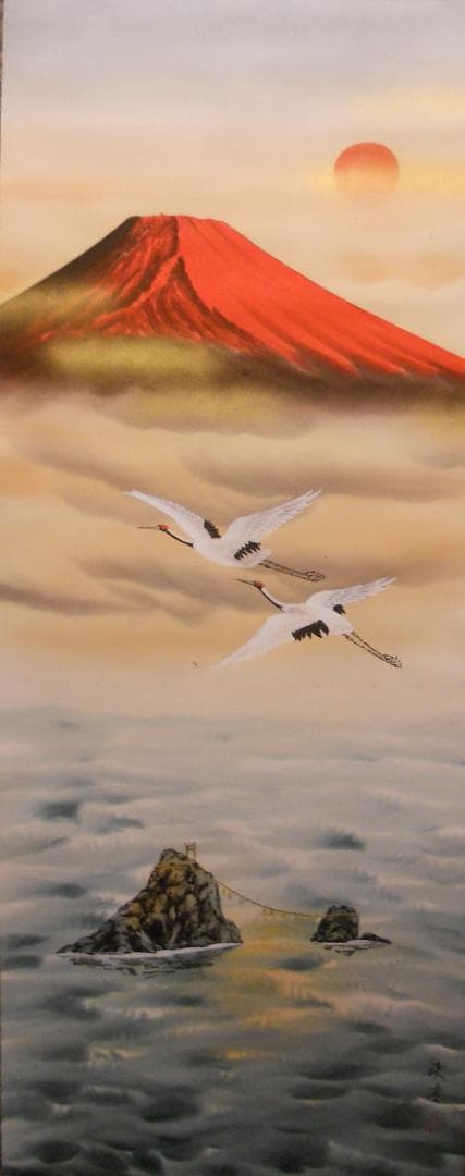 掛け軸 鉄堂 赤富士夫婦岩 絹本 希少 軸装 茶道具 掛軸 美品 です。 山水の掛け軸 伊藤香旬作 赤富士飛翔