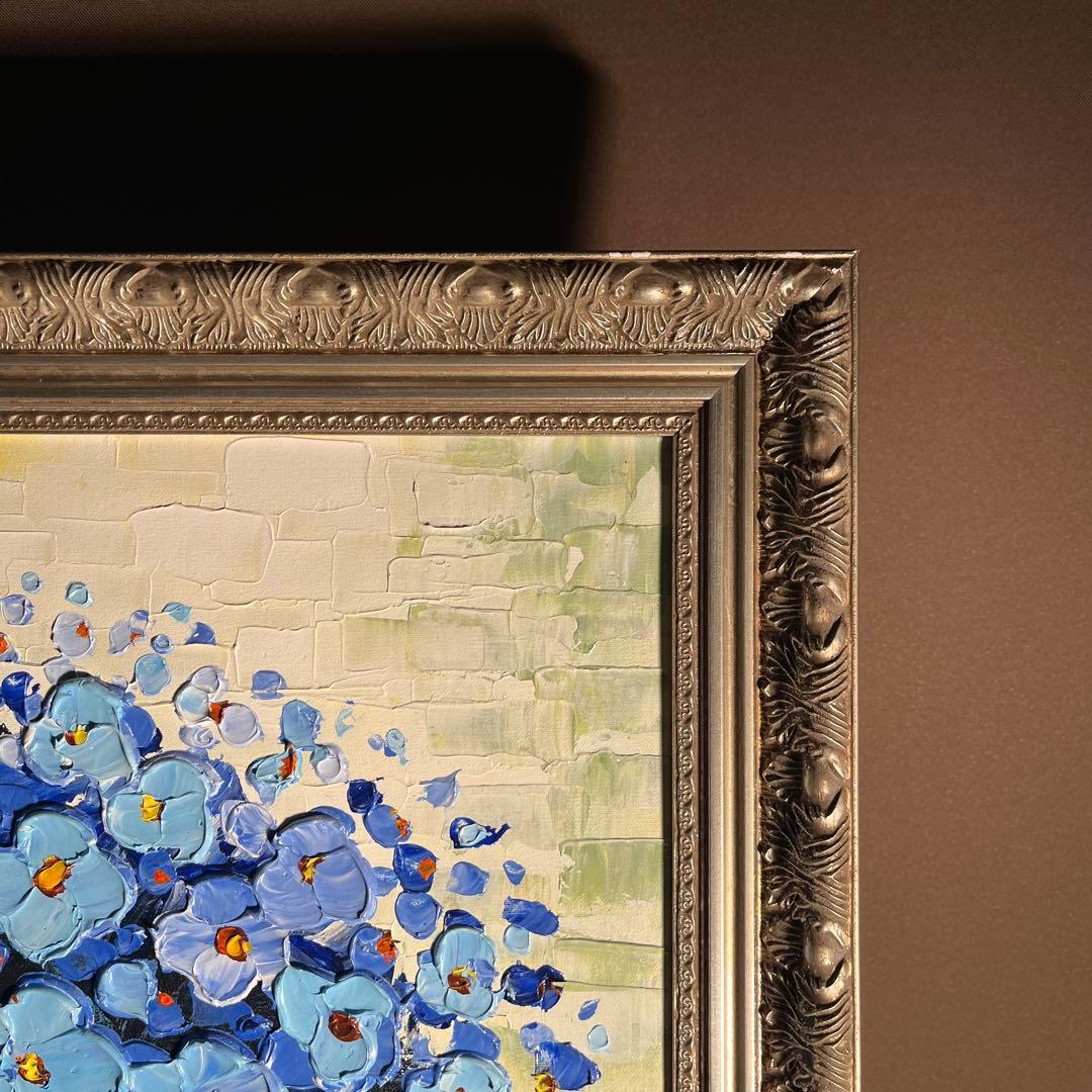 ☆秀作☆ 手書き油絵 ブルーフラワー 肉筆絵画 額付き インテリア 油彩