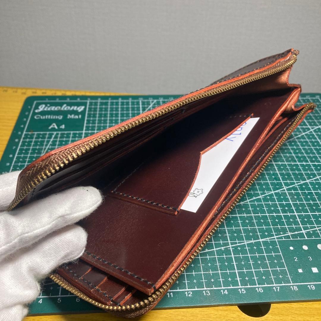 ハンドメイド ブラウンヌメ革レザー長財布 ゴールドファスナー付き