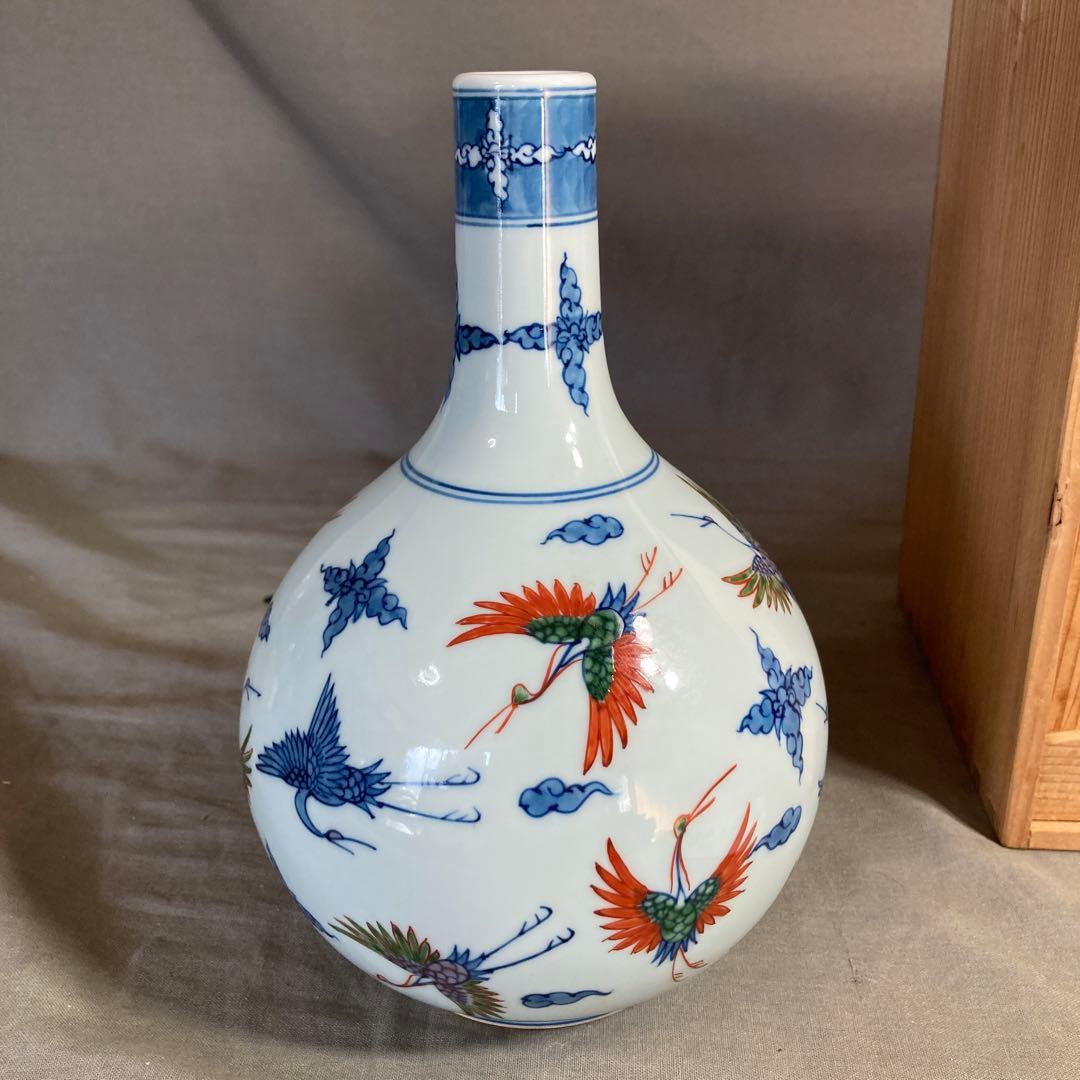 源右衛門】古伊万里の伝統日本の名窯舘林源右衛門作染錦万暦龍絵鶴首花瓶