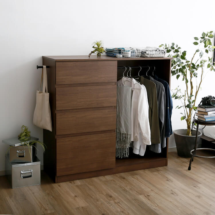 大人気商品】引出し付きでたっぷり収納の木製ハンガーラック(オーク