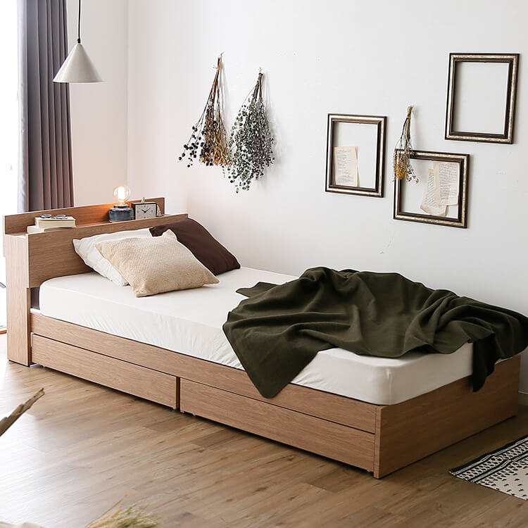 収納付きベッド[シングル](ブラウン/ナチュラル)コンセント・ライト