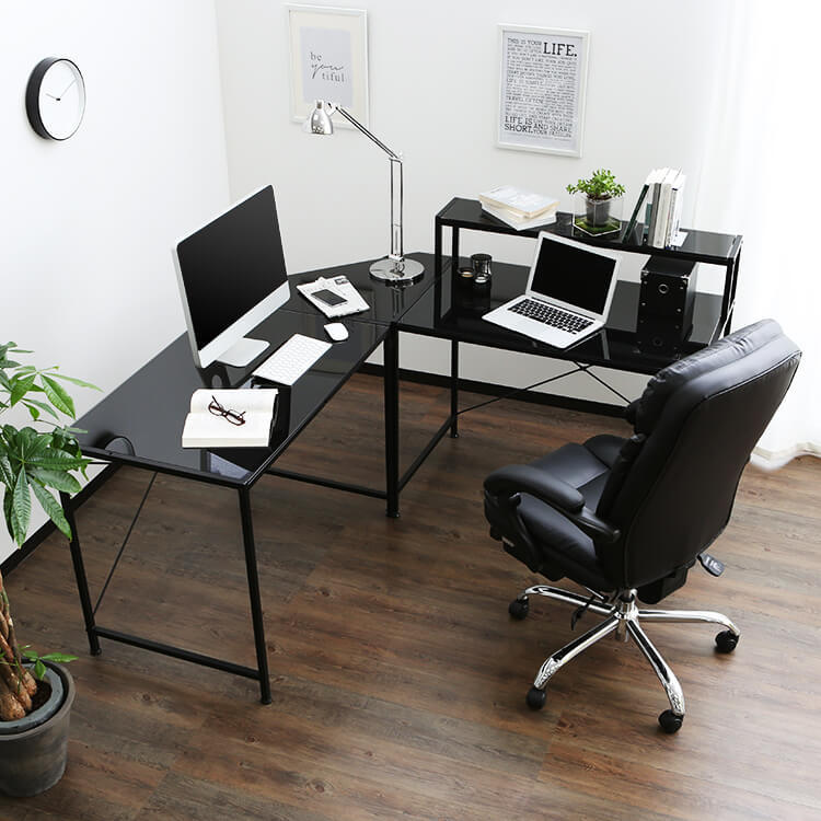 L字デスク(ホワイト/ブラック)レイアウト自由な分割可能タイプ。収納棚